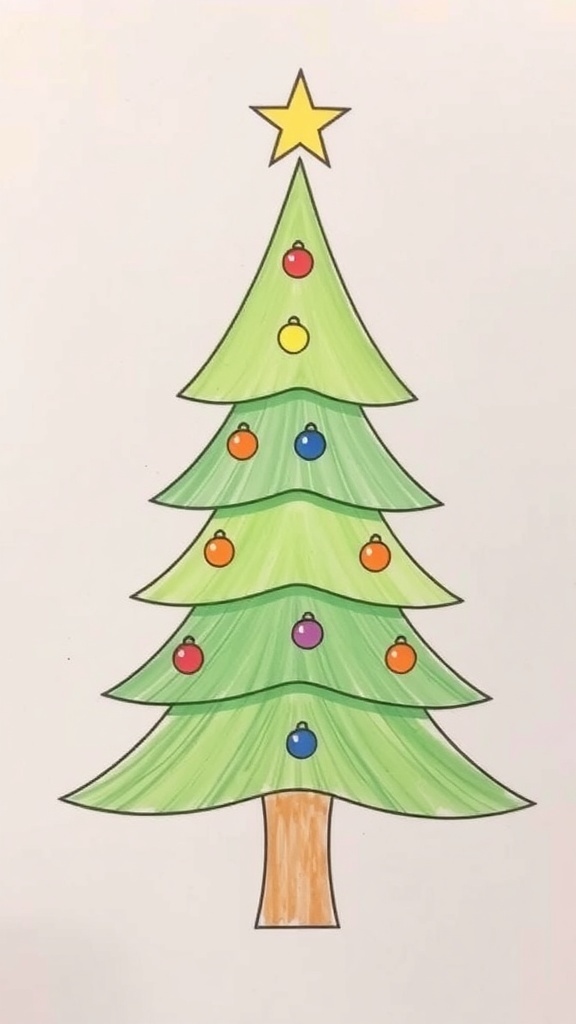 Simple Christmas Tree Drawing Guide A simple drawing of a Christmas tree with ornaments and a star.